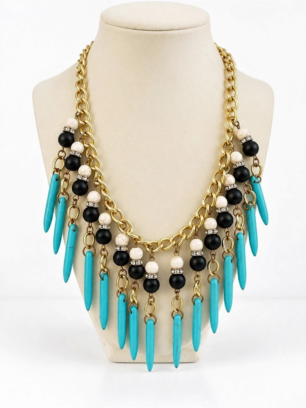 Boho Faux Turquoise Blue Spike Statement Necklace Gold Tone Black White Beads